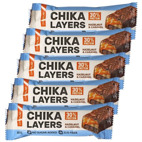 Bombbar, Chikalab – Chika Layers, 5шт по 60г (Лесной орех с карамелью) chikalab протеиновый батончик chika layers 20 шт по 60 гр хрустящее печенье с двойным шоколадом