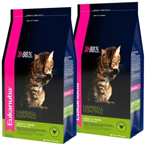 EUKANUBA ADULT HAIRBALL CONTROL/INDOOR для взрослых кошек для вывода шерсти с птицей (0,4 + 0,4 кг) grand prix adult cat hairball control для взрослых кошек для вывода шерсти с индейкой 0 3 0 3 кг