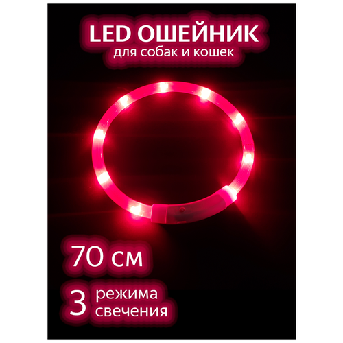 Светящийся ошейник для собак / Красный 70см / Светодиодный LED ошейник для собак / Дрессировка / Поводок