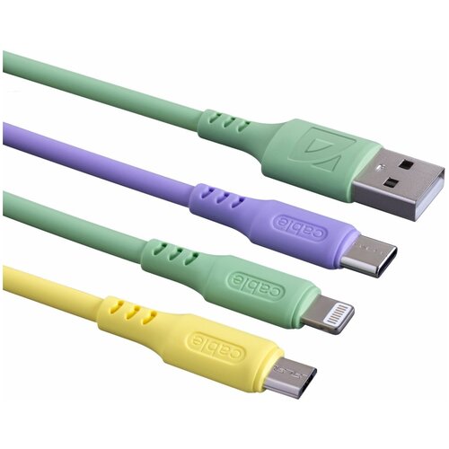 USB кабель Defender F207 3in1 зеленый, 1.2м,силикон, пакет