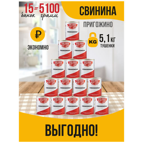 Мясные консервы Свинина тушеная 340 гр. Пригожино 15 банок, тушенка