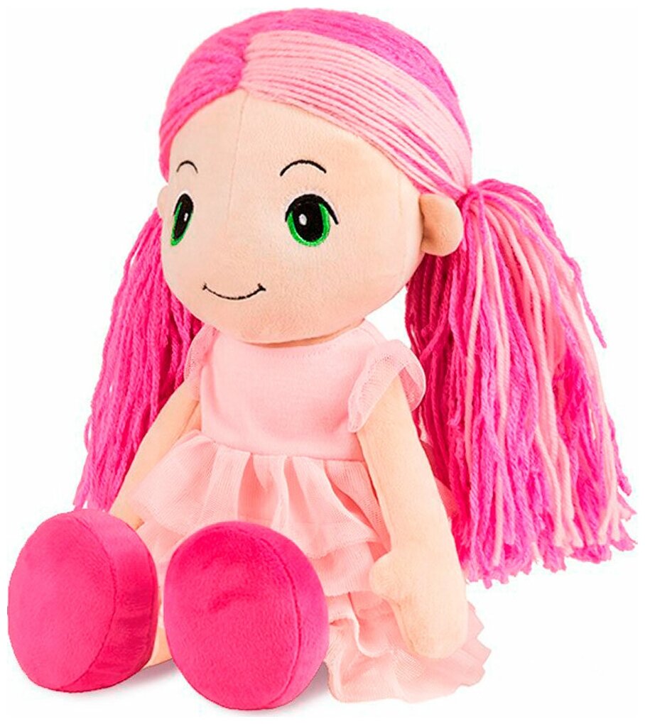 Мягкая кукла "Стильняшка" с розовой прядью в платье с воланами 40 см