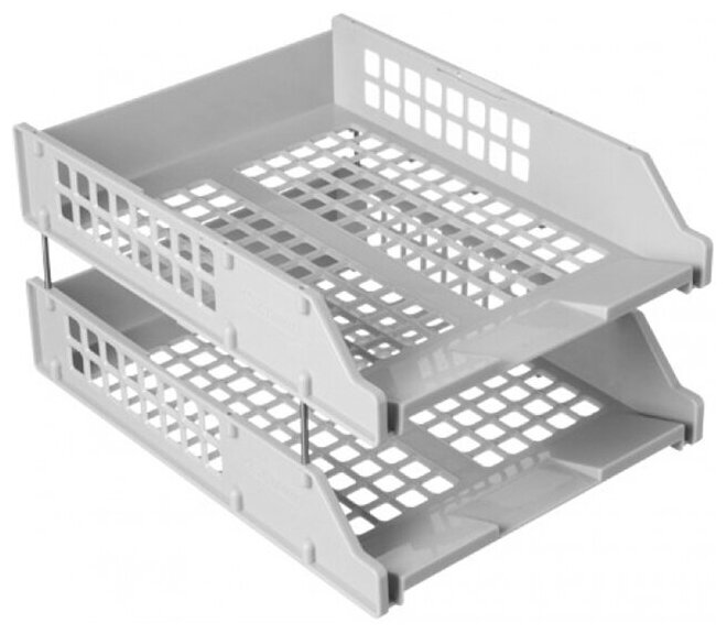 Лоток для бумаг горизонтальный канцелярский / подставка, органайзер для документов А4 СТАММ "Strong" металлический, 2 секции, серый / офисная канцелярия