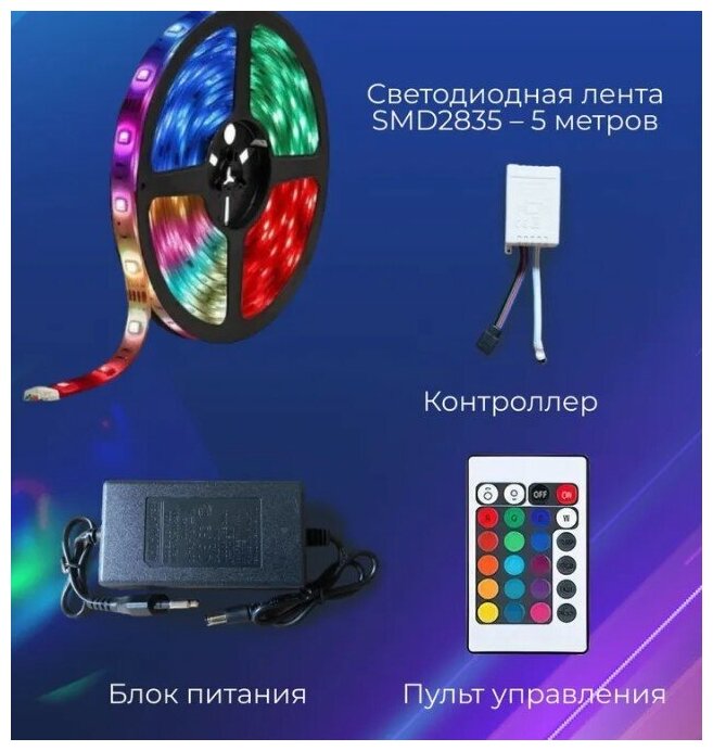 Светодиодная лента LED RGB 5 метров / Цветная лента с пультом управления/ 5м, 12В, IP65, 60 LED/m/ SMD 5050 - фотография № 3