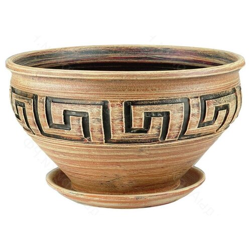 Горшок для цветов керамический с поддоном Меандр миска бежевый 9л бонсайница (16-301) низкий + Дренаж 1л