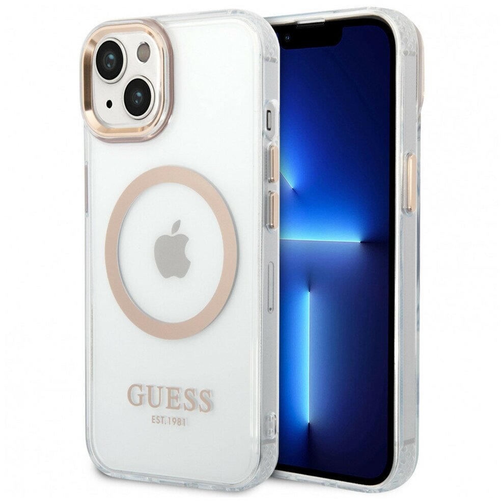 Guess Чехол Guess Metal outline Hard для iPhone 14 Plus, прозрачный/золотой (MagSafe)