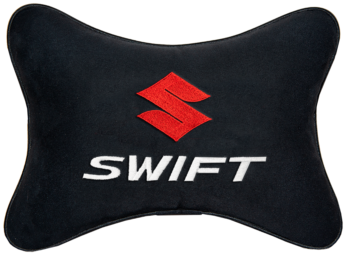 Автомобильная подушка на подголовник алькантара Black с логотипом автомобиля SUZUKI SWIFT