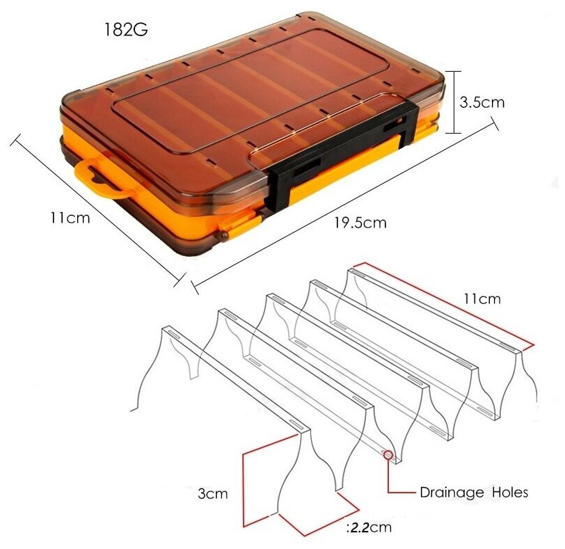 Бокс, органайзер коробка рыболовная двухсторонняя для воблеров, раттлинов и блёсен. 14 ячеек 19.5х13.5х4