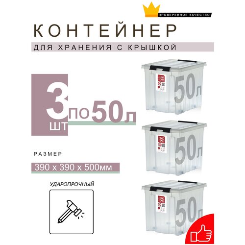 Набор контейнер пластиковый для хранения вещей и продуктов ROX BOX с крышкой 50Л, 3шт