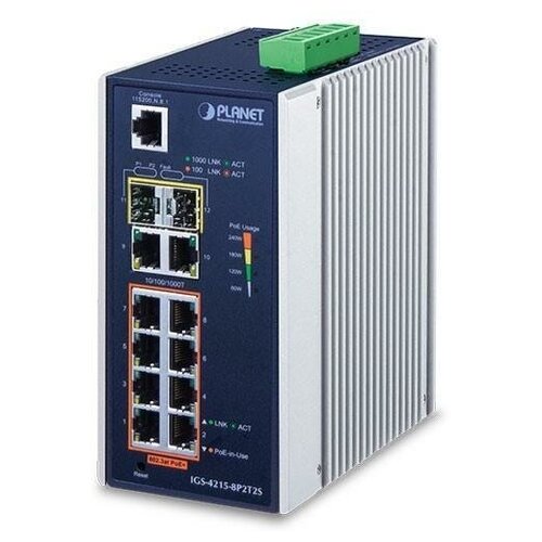 IP30 Industrial L2/L4 8-Port 10/100/1000T 802.3at PoE + 2-Port 10/100/100T + 2-Port 100/1000X SFP Managed Switch (-40~75 degrees C), dual redundant po