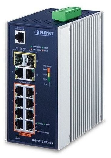 IP30 Industrial L2/L4 8-Port 10/100/1000T 802.3at PoE + 2-Port 10/100/100T + 2-Port 100/1000X SFP Managed Switch (-40~75 degrees C), dual redundant po