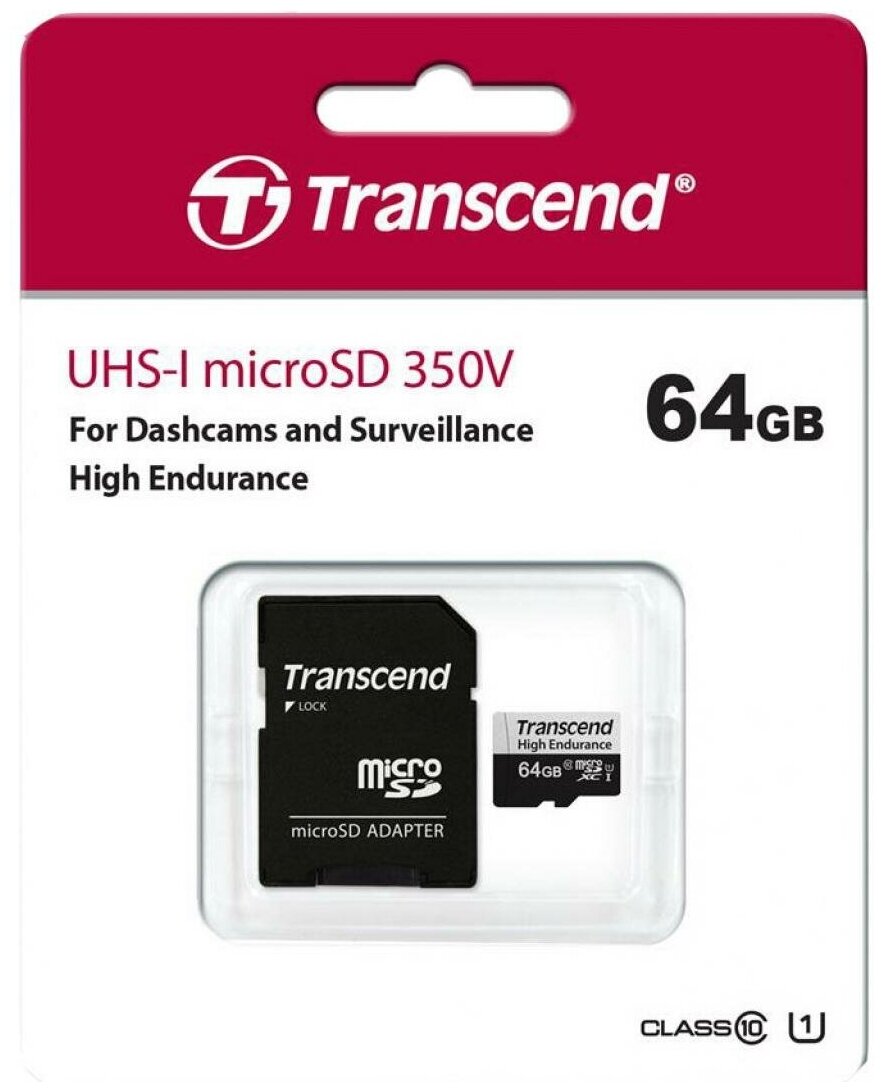 Карта памяти microSDXC 64Gb Class10 Transcend 350V UHS-I Class 10 U1 TS64GUSD350V с адаптером
