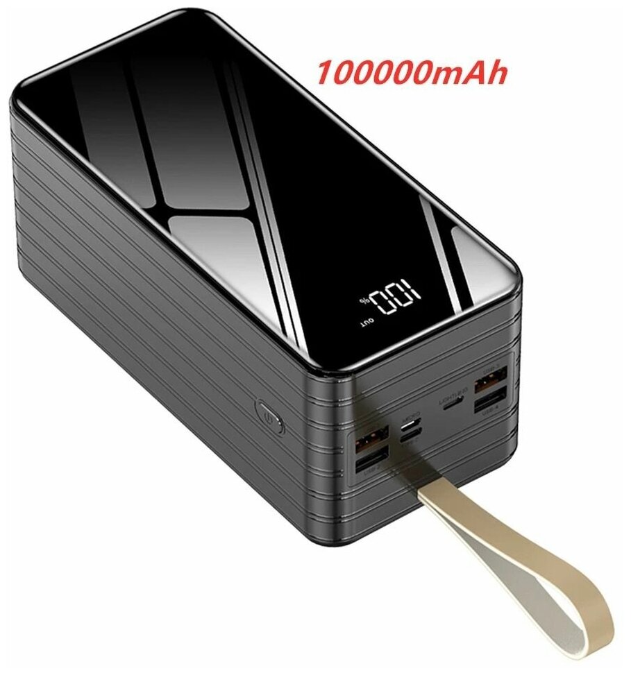 PowerBank большой емкости 100000mAh Mike Store PBMS-01-/быстрая зарядка/внешний аккумулятор/USB/microUSB/USB Type-C/Apple Lightning/фонарик.