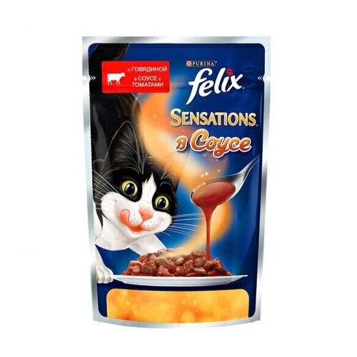 Корм полнорационный консервированный для кошек FELIX Sensations, в соусе говядина с томатами, 85гр, 6 шт.