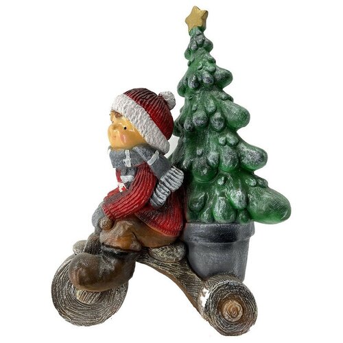 Новогодняя фигурка, статуэтка из полистоуна 'Мальчик везет на велосипеде елочку 20x38x54 см'.