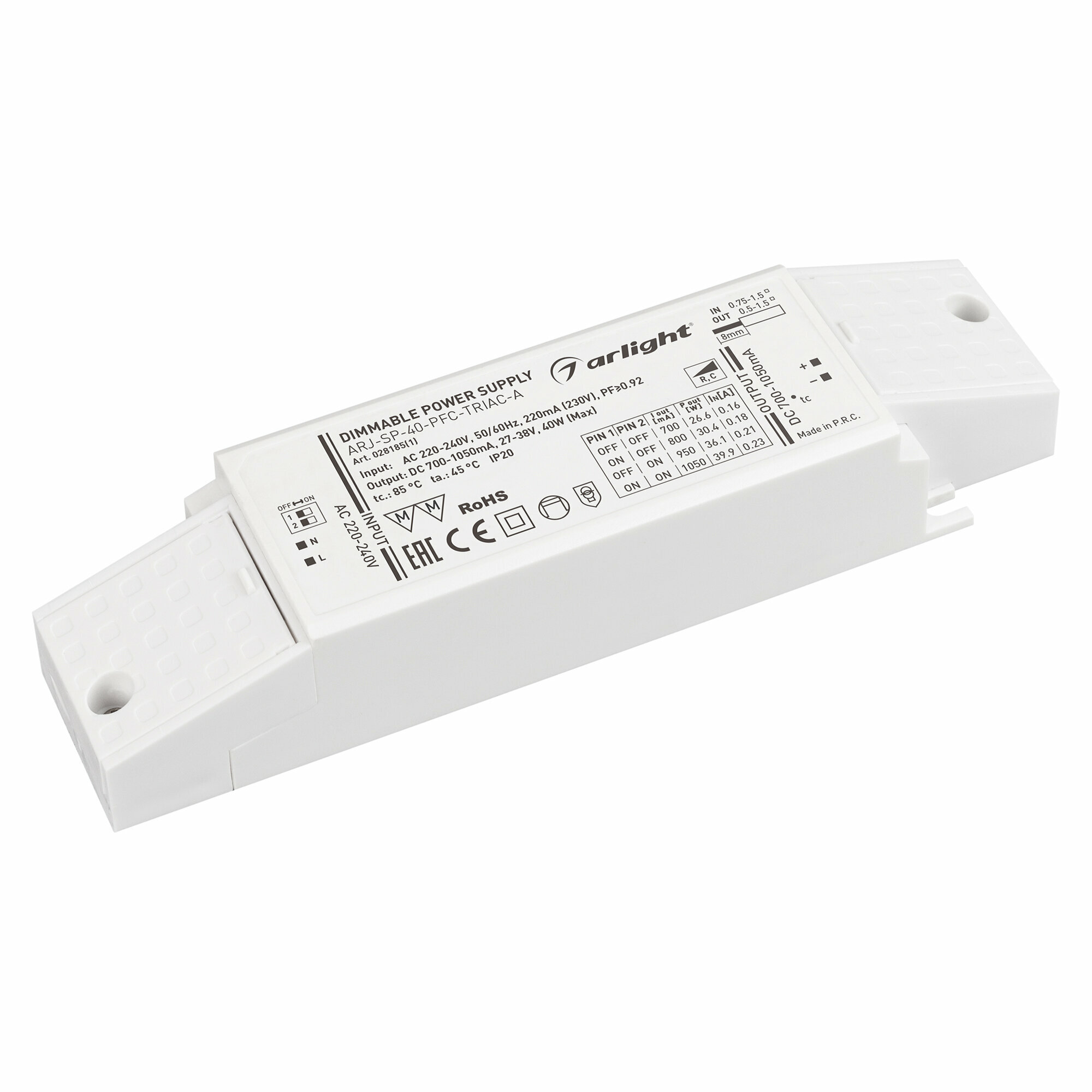 Блок питания для светодиодной ленты Arlight ARJ-SP-40-PFC-TRIAC-INS (40W, 27-38V, 0.7-1.05A)
