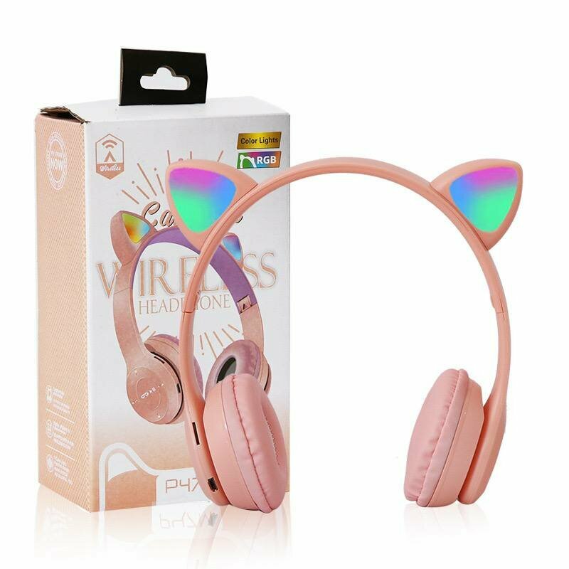 Наушники детские CAT EAR беспроводные со светящимися ушками, Cat Ear P47M, розовый