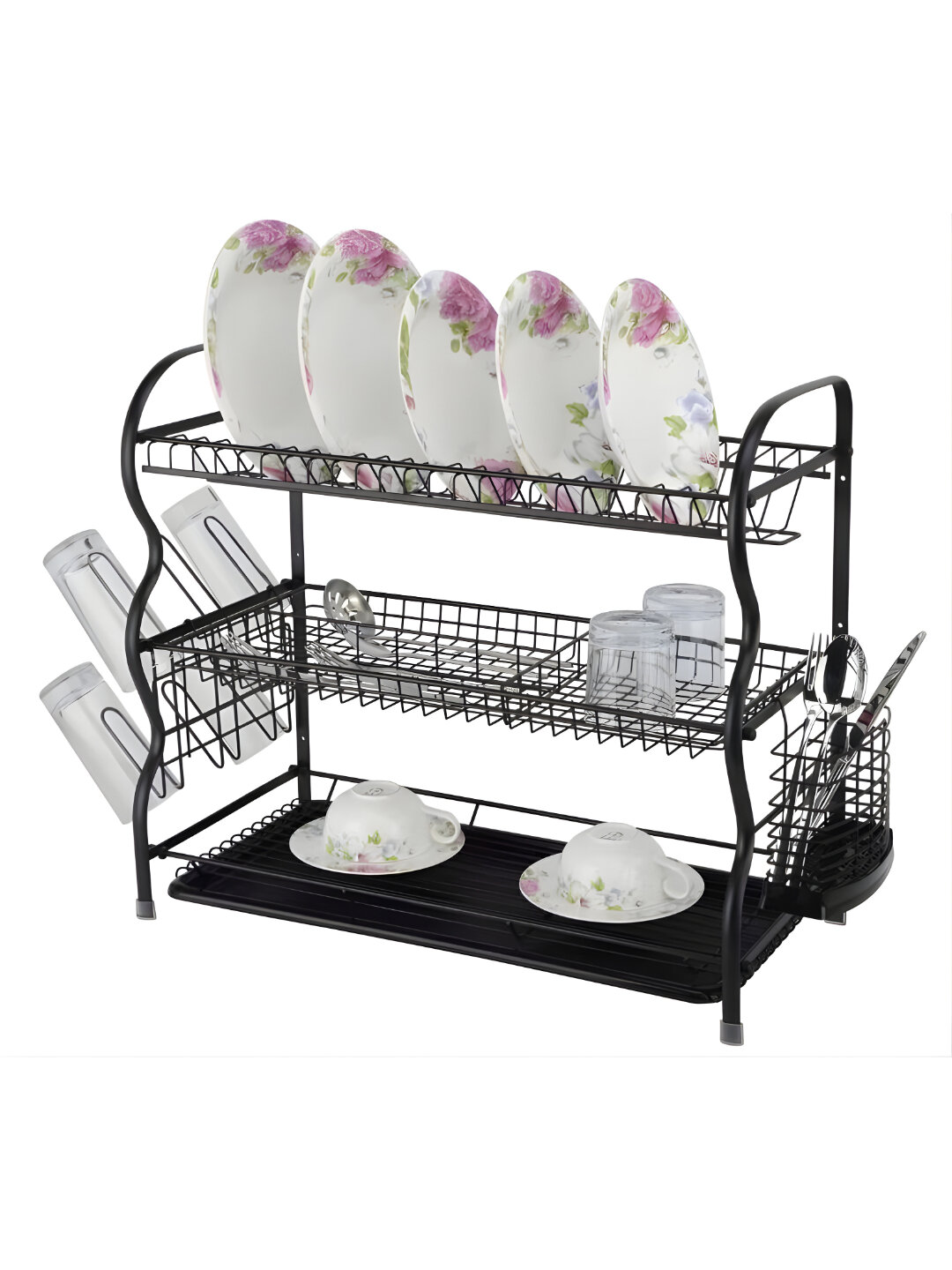 Сушилка для посуды настольная с поддоном и сливом, держатель приборов, нержавеющая сталь - Кремовый