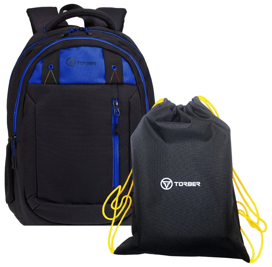 Школьный рюкзак TORBER CLASS X, черный с синей вставкой, 45 x 32 x 16 см, 17 л + Мешок для сменной обуви в подарок! T5220-22-BLK-BLU-M