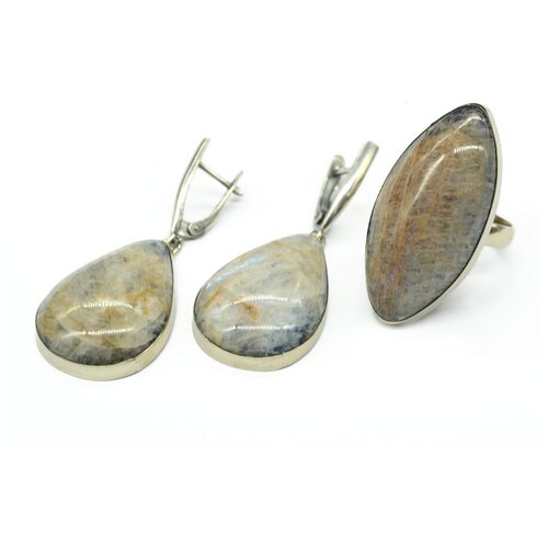 Комплект бижутерии Радуга Камня: кольцо, серьги, лунный камень, размер кольца 19, мультиколор