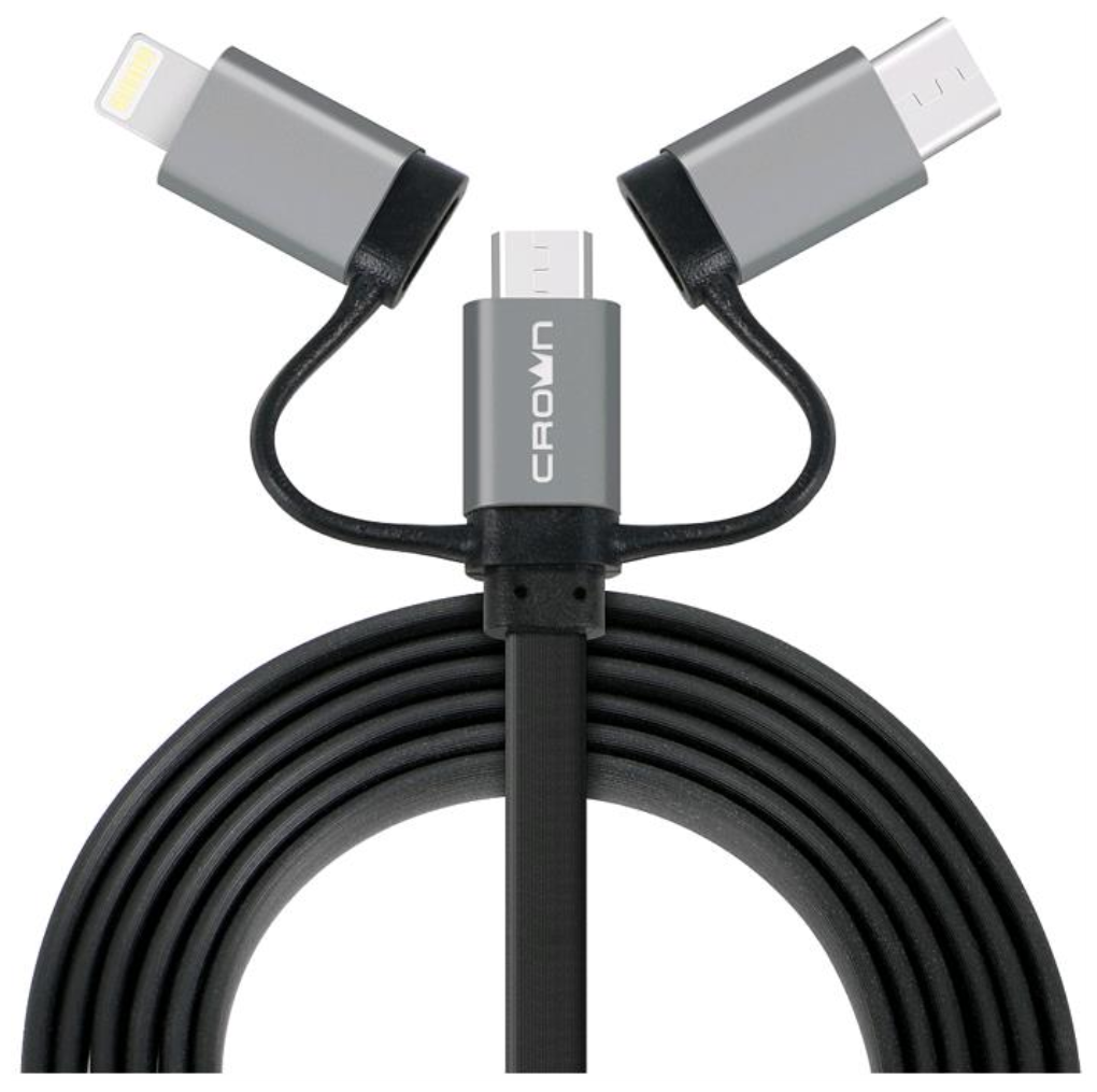 Кабель USB 2.0 A - micro USB 5pin (m-m) + Lightning +Type-C 1м 2А плоский ПВХ белый Crown CMCU-3182 white коробка