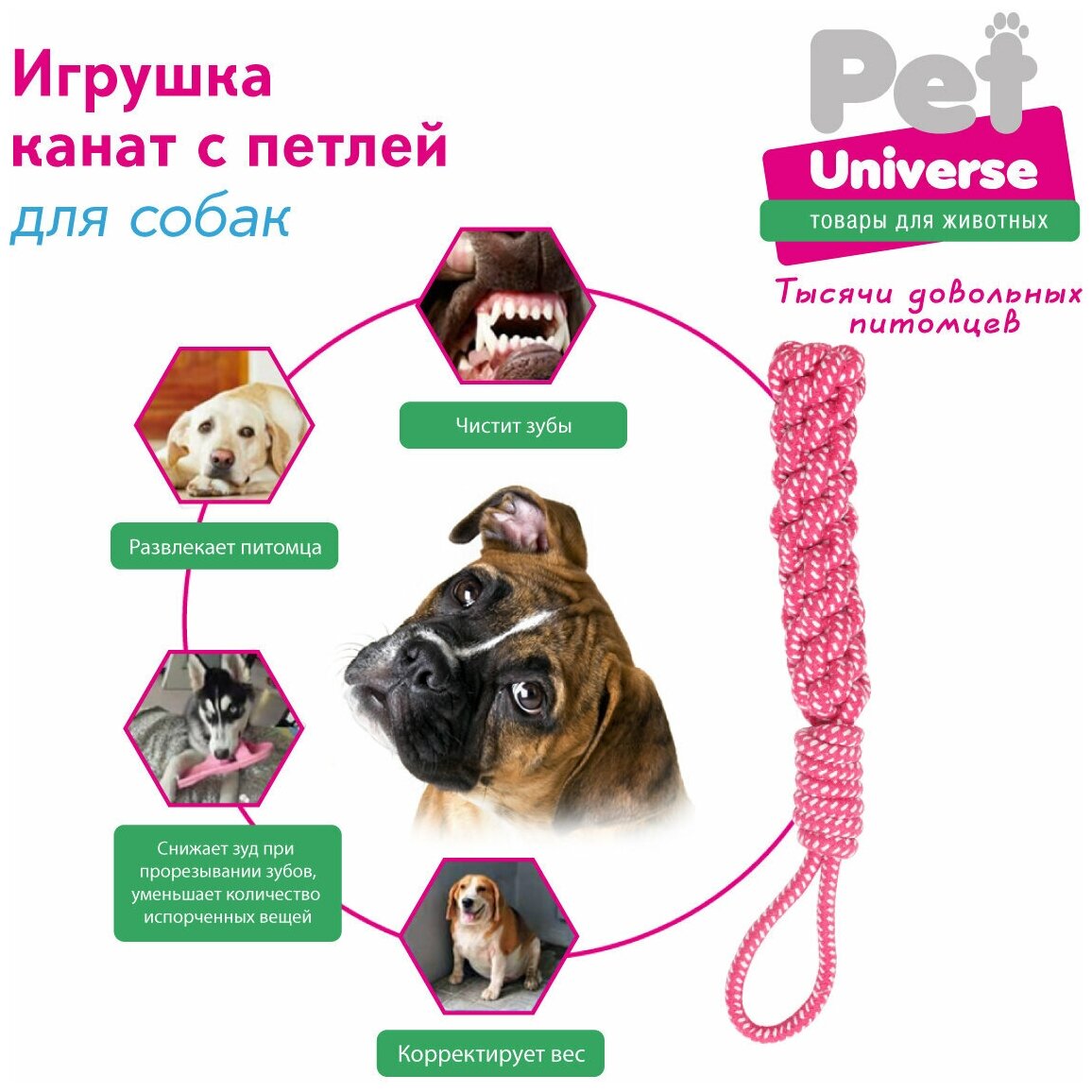 Игрушка для собак Плетёный канат с петлёй Pet Universe. Игрушка для зубов для щенков и взрослых, для средних и крупных пород собак/ 35 см/ PU6004PK - фотография № 2