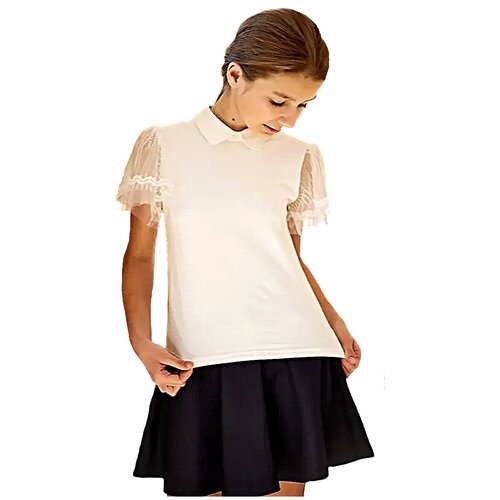 фото Школьная блуза deloras, полуприлегающий силуэт, на пуговицах, короткий рукав, без карманов, трикотажная, однотонная, размер 134, бежевый
