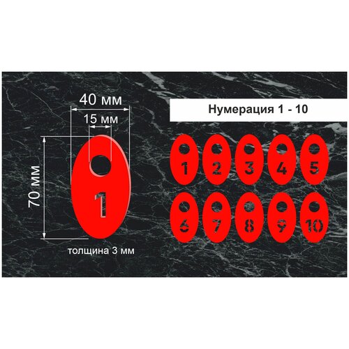 Номерки гардеробные, От 1 до 10, Размер 40х70мм, 10шт, Толщина 3мм, CVT, Овальные, Круглое ушко 15мм, Цветной акрил