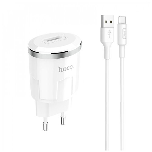 Зарядное устройство HOCO C37A с кабелем USB/Type-C (1 USB/2.4 A), белое сетевое зарядное устройство hoco c12q черный кабель usb type c 6931474716293