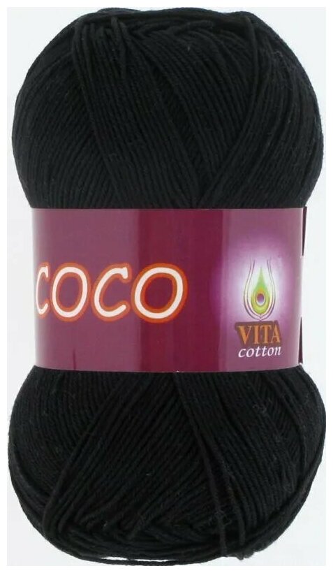 Пряжа хлопковая Vita Cotton Coco (Вита Коко) - 1 моток, 3852 черный, 100% мерсеризованный хлопок 240м/50г