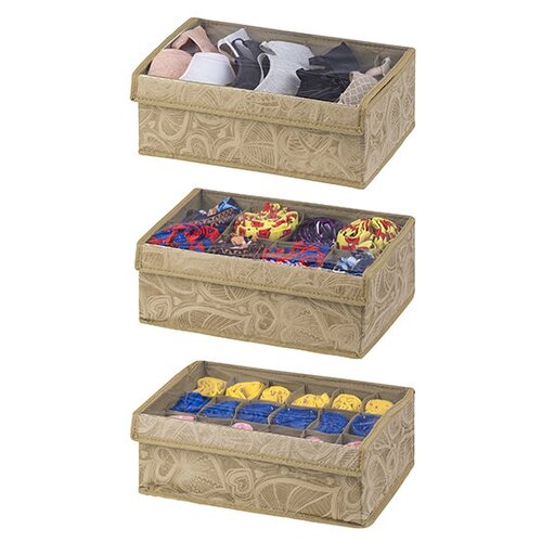 Набор 3-х короб-кофров для нижнего белья и носков 34х23х12 см EL Casa Золотое сердце (6, 8, 18 отделений), с прозрачной крышкой