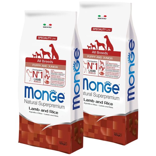 MONGE SPECIALITY DOG PUPPY & JUNIOR LAMB для щенков всех пород с ягненком, рисом и картофелем (12 + 12 кг) monge dog speciality line monoprotein полнорационный сухой корм для собак с ягненком рисом и картофелем