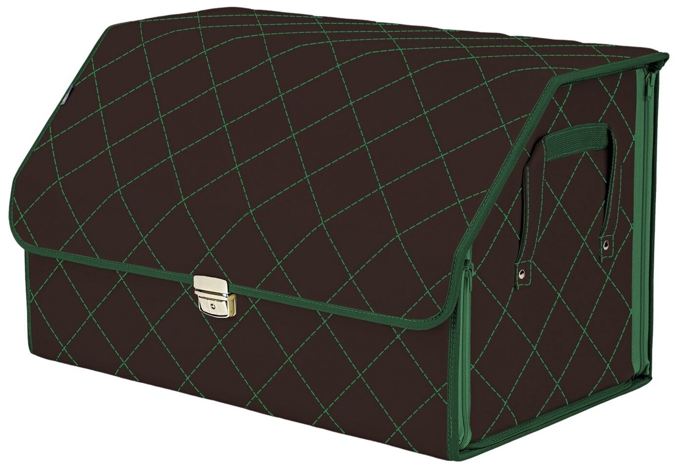 Органайзер-саквояж в багажник "Союз Премиум" (размер XL). Цвет: коричневый с зеленой прострочкой Ромб.