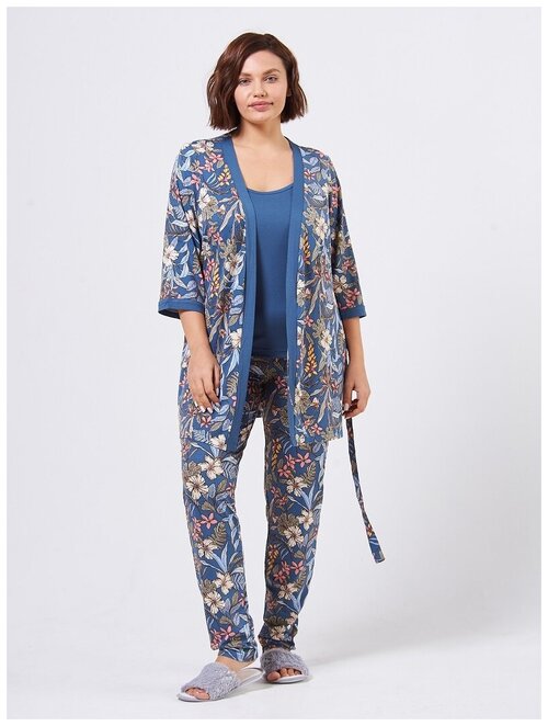 Комплект El Fa Mei, майка, халат, брюки, укороченный рукав, пояс, размер 56, голубой