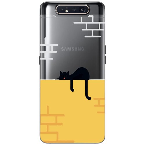 чехол книжка на samsung galaxy a80 a90 самсунг а80 а90 с 3d принтом disgruntled cat красный Силиконовый чехол на Samsung Galaxy A80, A90, Самсунг А80, А90 с 3D принтом Lazy Cat прозрачный