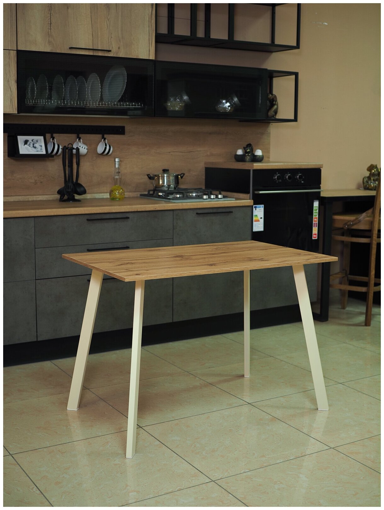 фото Стол кухонный обеденный нераздвижной Слим 2, ЛДСП Дуб вотан, опоры металлические чёрные, 110х70х75 см.