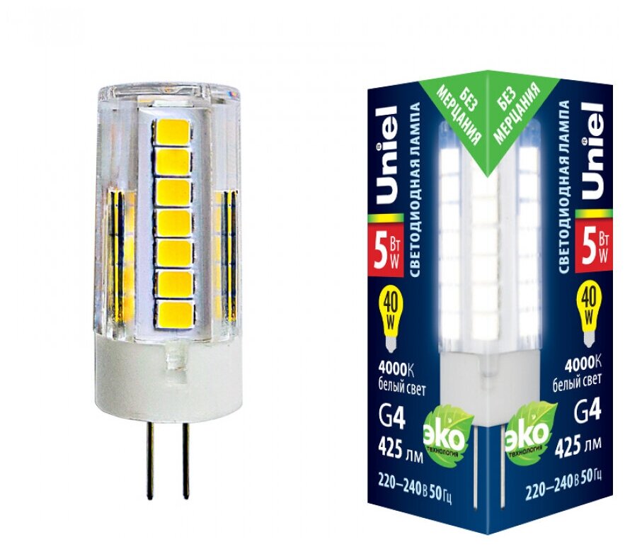 Светодиодная лампа Uniel LED-JC-220/5W/4000K/G4/CL GLZ09TR прозрачная. Белый свет (4000К). Картон. ТМ .