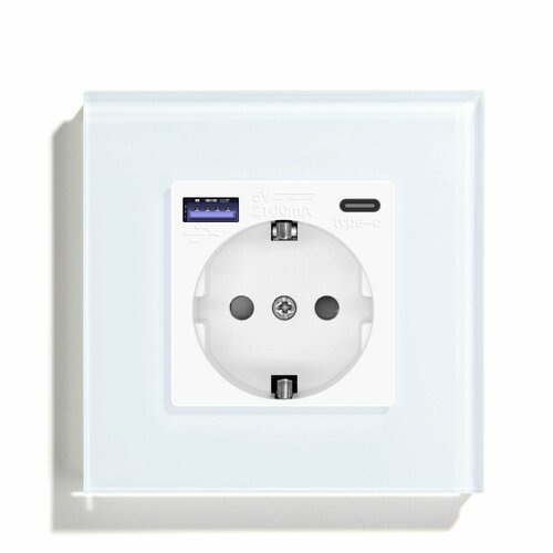 Розетка с USB и Type-C портами(Fast Charge), из закаленного стекла евро стандарт со шторками 5V-12V 20W Max