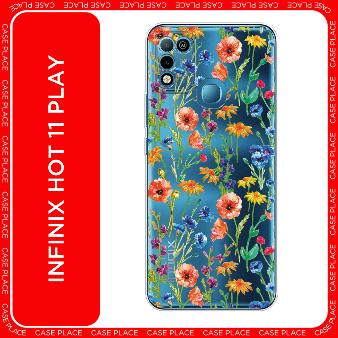 Чехол на Infinix HOT 11 Play / Инфиникс Хот 11 Плей с принтом Маки и васильки фон, прозрачный