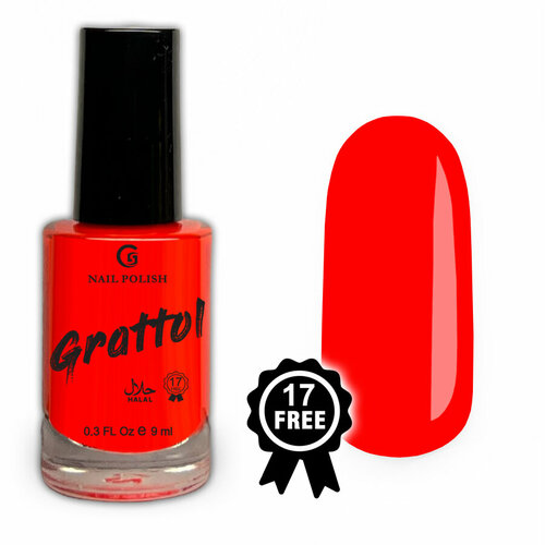 фото Grattol color nail polish wild red - лак для ногтей, красный неоновый, без лампы, 17free, халяль, 9 мл