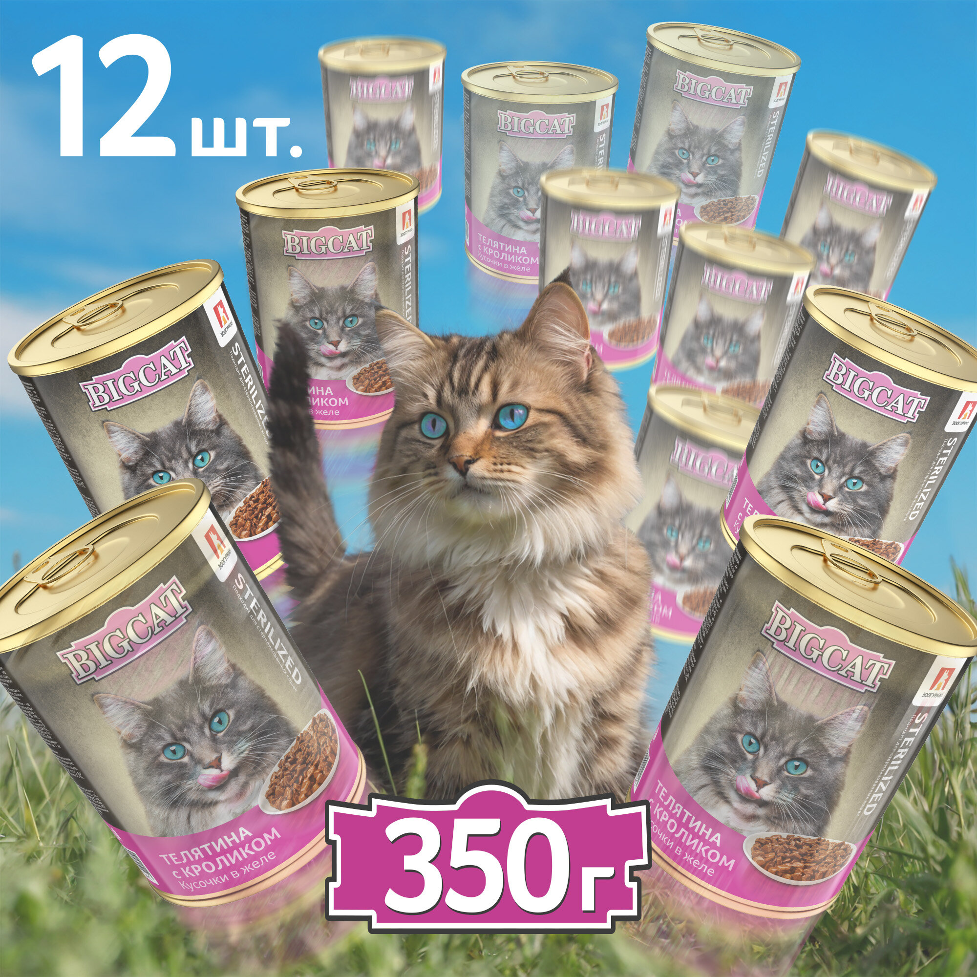 Влажный корм для стерилизованных кошек Зоогурман Big Cat, с телятиной, с кроликом (кусочки в желе) 350 г х 12 шт.