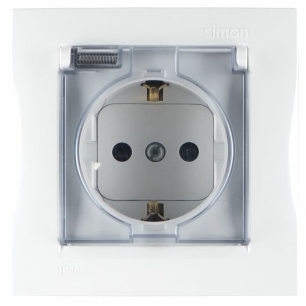 30 шт. Simon 15 Белая Розетка 1-ая с/з с крышкой с защитными шторками, IP44 (в сборе с рамкой), 1590450-030