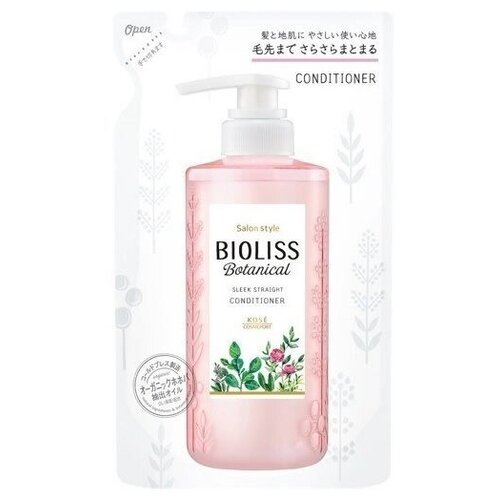 KOSE Разглаживающий и выпрямляющий кондиционер для волос Bioliss Botanical Sleek Straight содержит 90% натуральных ингредиентов, без силикона и красителей, с фруктово-цветочным ароматом, 340 мл