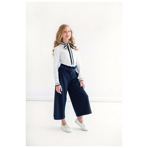 Leya.me Синие школьные брюки-кюлоты для девочки, с карманами и регулировкой на талии 122