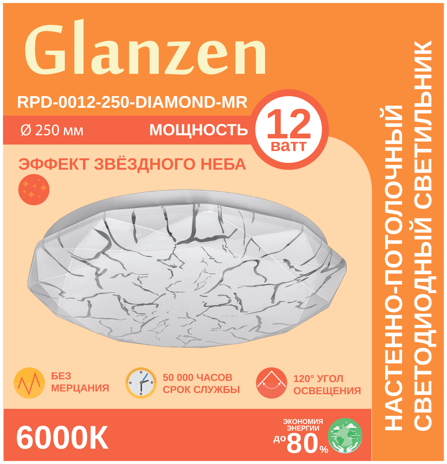 Светодиодный настенно-потолочный светильник GLANZEN 12Вт RPD-0012-250-DIAMOND-MR IP20 6000К