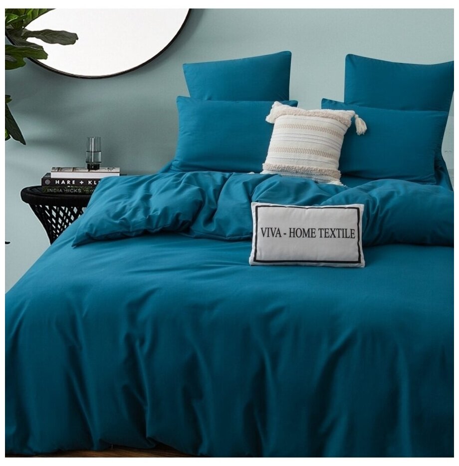 Комплект постельного белья Ситрейд однотонный CS0, евростандарт, хлопок, лазурно-синий - фотография № 10