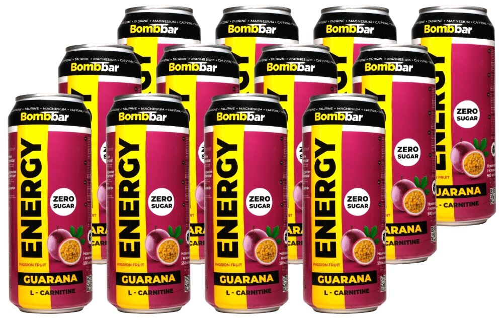 Энергетик, напиток без сахара с Л-карнитином BOMBBAR ENERGY (Маракуйя) 12х500мл / С гуараной энергетический напиток - фотография № 1