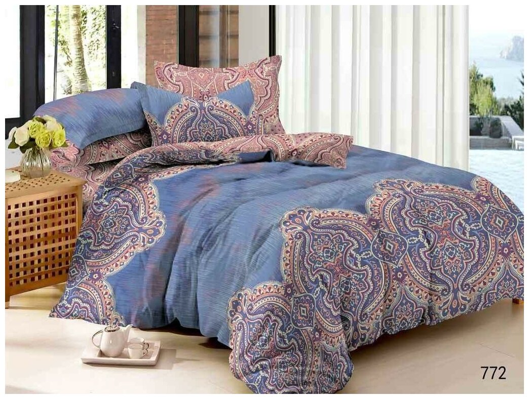 Комплект постельного белья Гутен Морган сатин (100% хлопок) Sultan орнамент синий; размер: 2.0 евро простыня наволочки 50 х 70