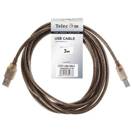 кабель telecom usb a usb b vus6900t 1 8 м прозрачный Кабель USB 2.0 A (M) - B (M), 3м, Telecom TP (VUS6900T-3M)