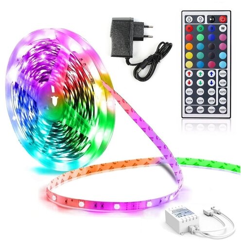 Светодиодная лента Led Strip RGB 5050 диммируемая, для дома ванной кухни спальни прихожей гостиной влагозащитная и пылезащитная IP67 с блоком питания и пультом ДУ 12V 5м (Цветная + белый цвет)